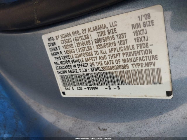Aukcja sprzedaży 2008 Honda Odyssey Ex-l, vin: 5FNRL38668B026589, numer aukcji: 45250901