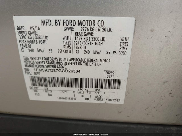 2016 Ford Explorer Xlt მანქანა იყიდება აუქციონზე, vin: 1FM5K7D87GGD26304, აუქციონის ნომერი: 45250904