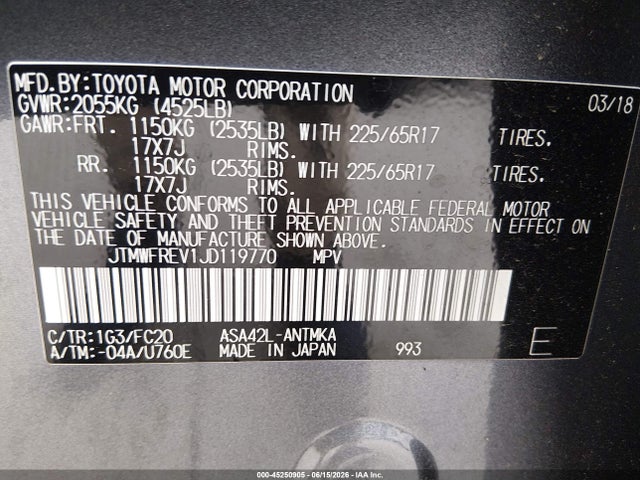2018 Toyota Rav4 Xle მანქანა იყიდება აუქციონზე, vin: JTMWFREV1JD119770, აუქციონის ნომერი: 45250905