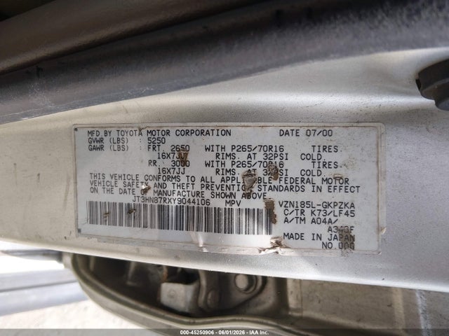 Aukcja sprzedaży 2000 Toyota 4runner Limited V6, vin: JT3HN87RXY9044106, numer aukcji: 45250906