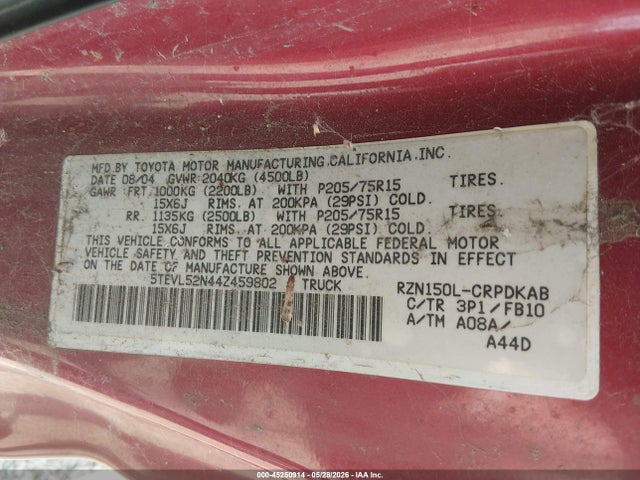 45250914 :رقم المزاد ، 5TEVL52N44Z459802 vin ، 2004 Toyota Tacoma مزاد بيع