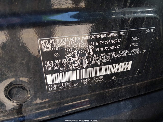 2019 Toyota Rav4 Xle მანქანა იყიდება აუქციონზე, vin: 2T3P1RFV2KC026117, აუქციონის ნომერი: 45250925