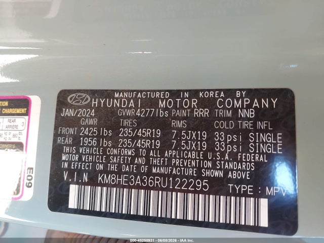 Aukcja sprzedaży 2024 Hyundai Kona Limited, vin: KM8HE3A36RU122295, numer aukcji: 45250931