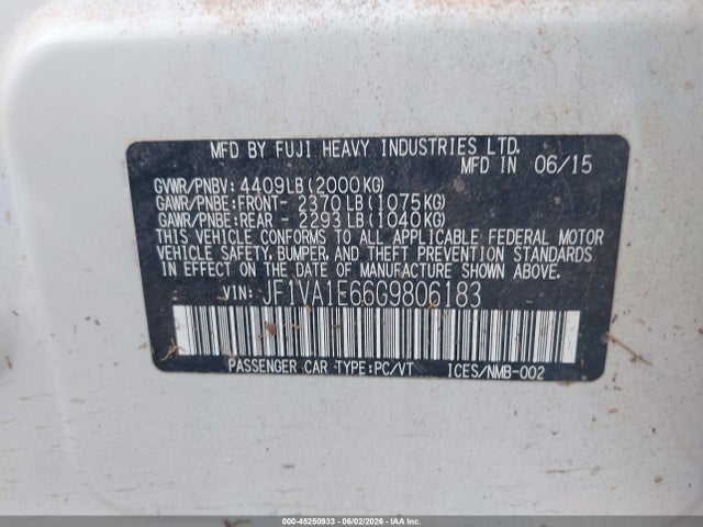 2016 Subaru Wrx Premium მანქანა იყიდება აუქციონზე, vin: JF1VA1E66G9806183, აუქციონის ნომერი: 45250933