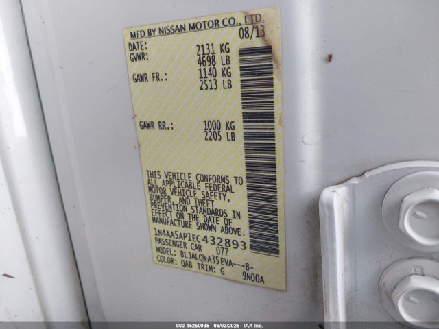 2014 Nissan Maxima 3.5 S მანქანა იყიდება აუქციონზე, vin: 1N4AA5AP1EC432893, აუქციონის ნომერი: 45250935