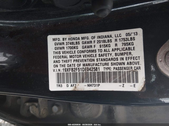 45250936 :رقم المزاد ، 19XFB2F51DE042581 vin ، 2013 Honda Civic Lx مزاد بيع