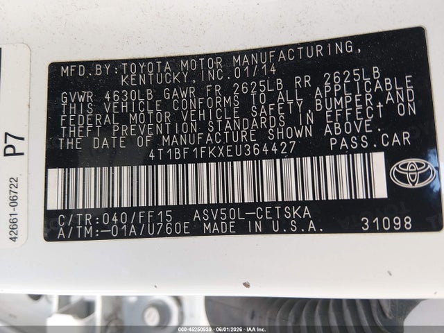 45250939 :رقم المزاد ، 4T1BF1FKXEU364427 vin ، 2014 Toyota Camry Se مزاد بيع