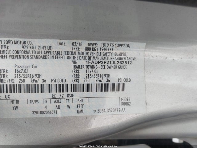 Aukcja sprzedaży 2018 Ford Focus Se, vin: 1FADP3F21JL262512, numer aukcji: 45250941
