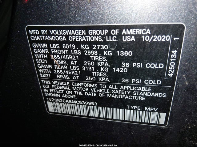 1V2SR2CA8MC539953 Volkswagen Atlas 3.6l V6 Sel R-line