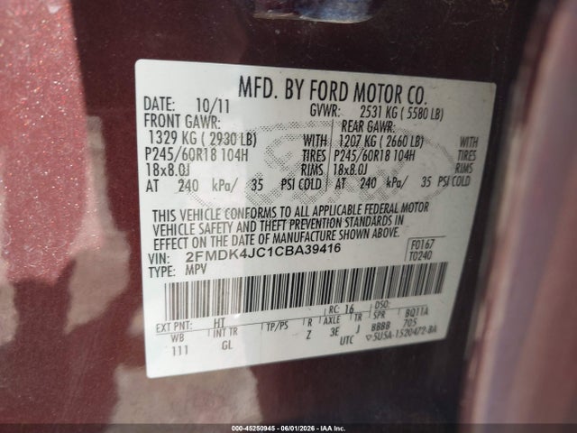2012 Ford Edge Sel მანქანა იყიდება აუქციონზე, vin: 2FMDK4JC1CBA39416, აუქციონის ნომერი: 45250945