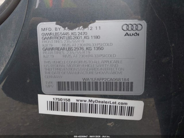 Продажа на аукционе авто 2012 Audi Q5 2.0t Premium, vin: WA1LFAFP2CA068184, номер лота: 45250947