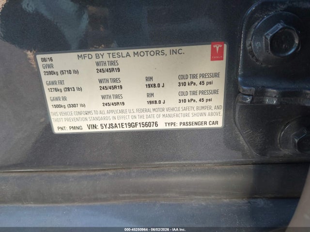 45250964 :رقم المزاد ، 5YJSA1E19GF156076 vin ، 2016 Tesla Model S 60/70/75/85 مزاد بيع