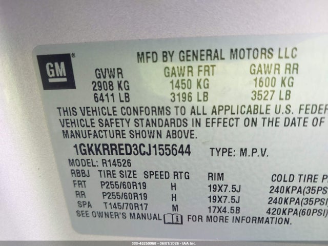 45250968 :رقم المزاد ، 1GKKRRED3CJ155644 vin ، 2012 Gmc Acadia Slt-1 مزاد بيع