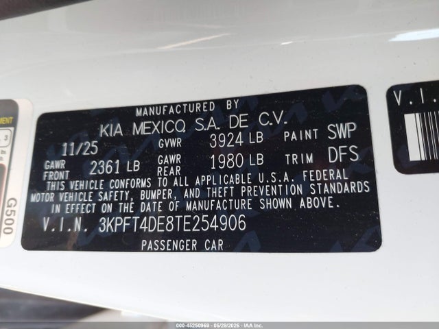 45250969 :رقم المزاد ، 3KPFT4DE8TE254906 vin ، 2026 Kia K4 Lxs مزاد بيع