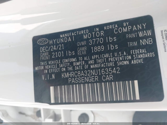 Продажа на аукционе авто 2022 Hyundai Venue Sel, vin: KMHRC8A32NU163542, номер лота: 45250973