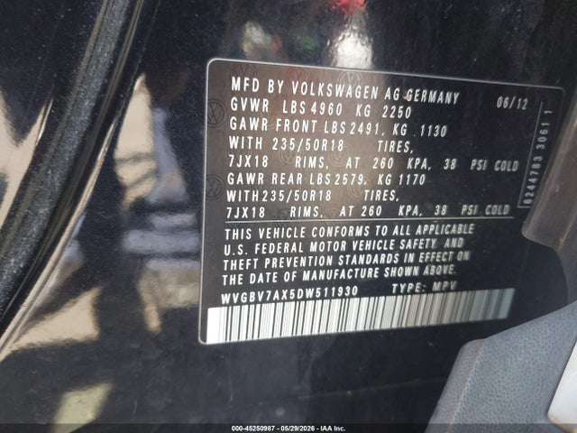 Aukcja sprzedaży 2013 Volkswagen Tiguan Se, vin: WVGBV7AX5DW511930, numer aukcji: 45250987