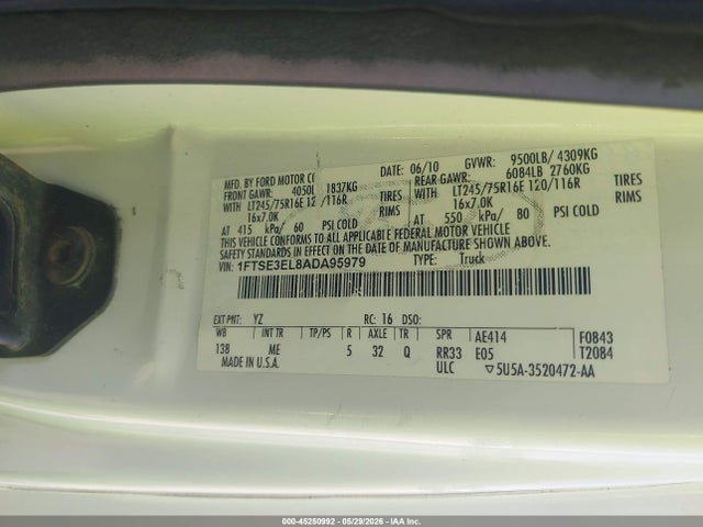 45250992 :رقم المزاد ، 1FTSE3EL8ADA95979 vin ، 2010 Ford E-350 Super Duty Commercial/recreational مزاد بيع