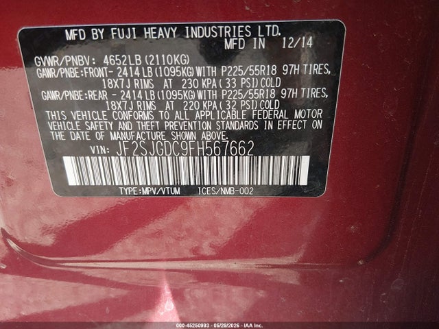 Продажа на аукционе авто 2015 Subaru Forester 2.0xt Premium, vin: JF2SJGDC9FH567662, номер лота: 45250993