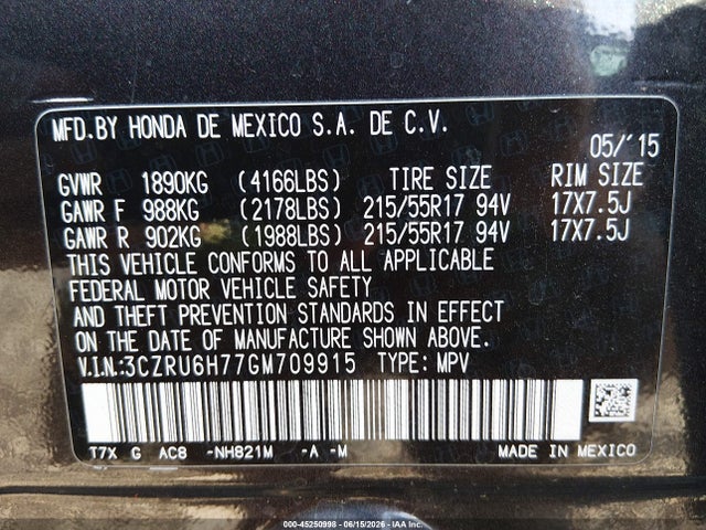 3CZRU6H77GM709915 Honda Hr-v Ex-l