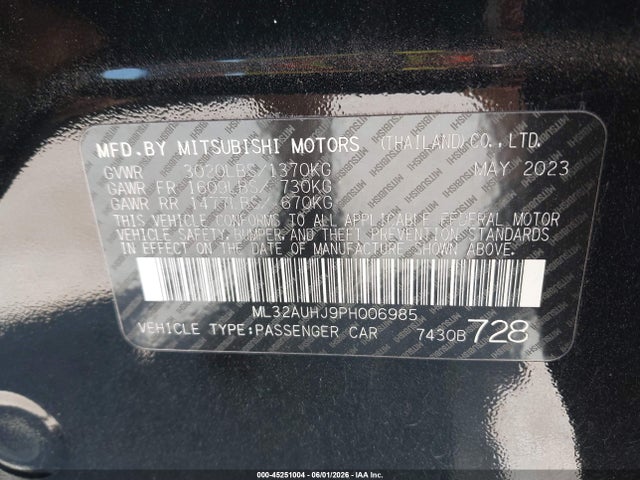 Aukcja sprzedaży 2023 Mitsubishi Mirage Es/le, vin: ML32AUHJ9PH006985, numer aukcji: 45251004