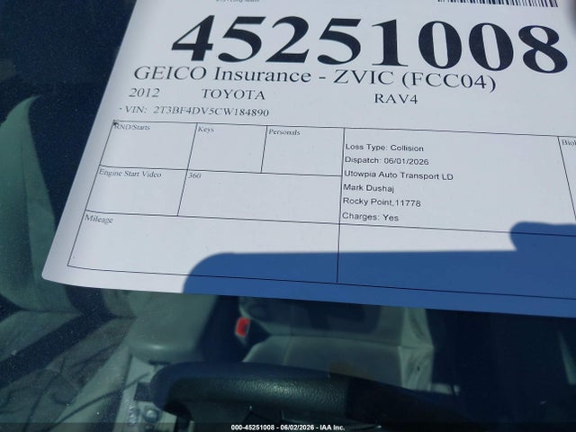 Aukcja sprzedaży 2012 Toyota Rav4, vin: 2T3BF4DV5CW184890, numer aukcji: 45251008