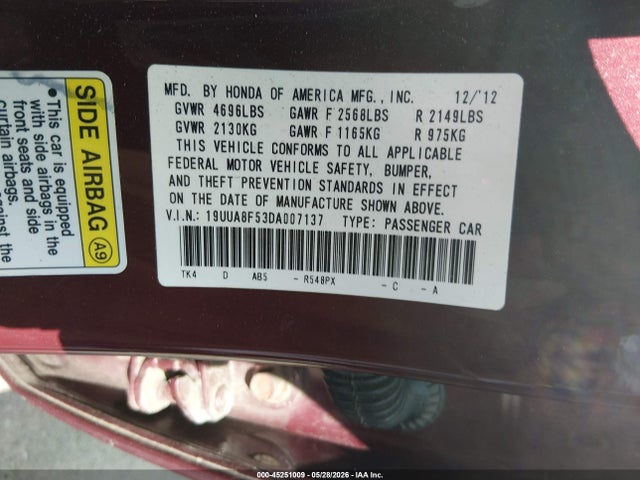Aukcja sprzedaży 2013 Acura Tl 3.5, vin: 19UUA8F53DA007137, numer aukcji: 45251009