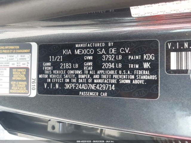 2022 Kia Forte Lxs მანქანა იყიდება აუქციონზე, vin: 3KPF24AD7NE429714, აუქციონის ნომერი: 45251025