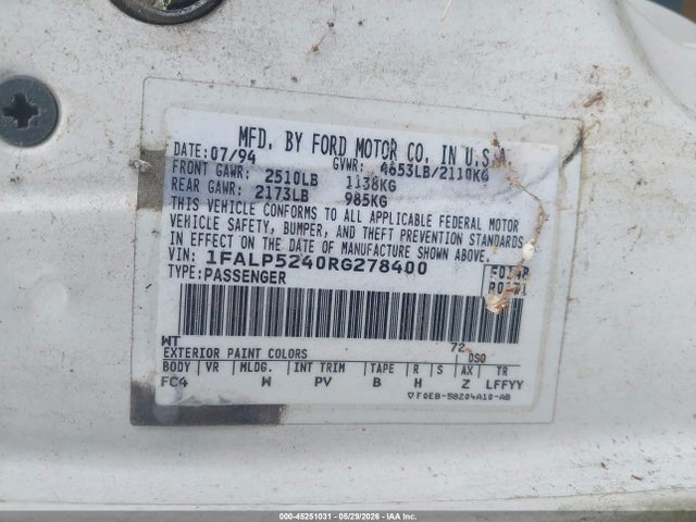 Aukcja sprzedaży 1994 Ford Taurus Gl, vin: 1FALP5240RG278400, numer aukcji: 45251031