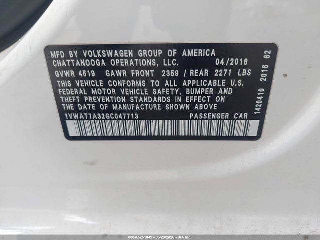 Aukcja sprzedaży 2016 Volkswagen Passat 1.8t S, vin: 1VWAT7A32GC047713, numer aukcji: 45251042