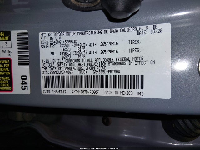 Продаж на аукціоні авто 2020 Toyota Tacoma Trd Off-road, vin: 3TMCZ5AN5LM344063, номер лоту: 45251045