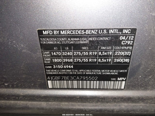 Aukcja sprzedaży 2012 Mercedes-benz Gl 450 4matic, vin: 4JGBF7BE3CA795502, numer aukcji: 45251051