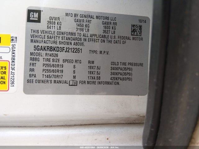 Buick Enclave Leather 2015 5GAKRBKD3FJ212261 Image 9