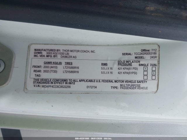 Aukcja sprzedaży 2012 Mercedes-benz Sprinter 3500, vin: WDAPF4CC6C9522256, numer aukcji: 45251080