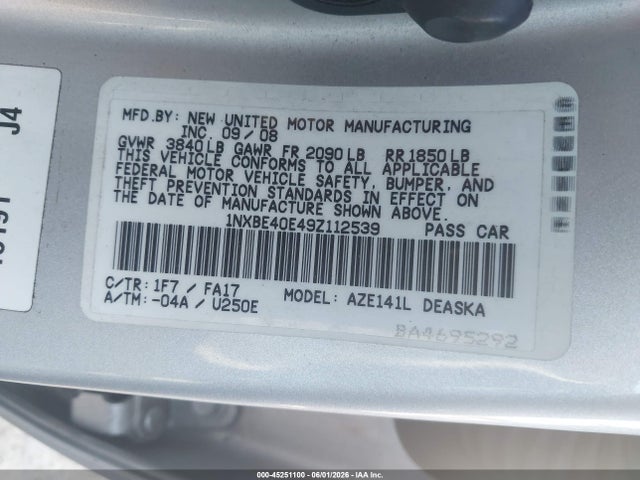 Продаж на аукціоні авто 2009 Toyota Corolla Xrs, vin: 1NXBE40E49Z112539, номер лоту: 45251100
