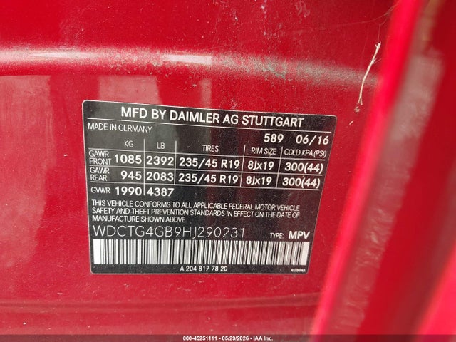 Aukcja sprzedaży 2017 Mercedes-benz Gla 250 4matic, vin: WDCTG4GB9HJ290231, numer aukcji: 45251111
