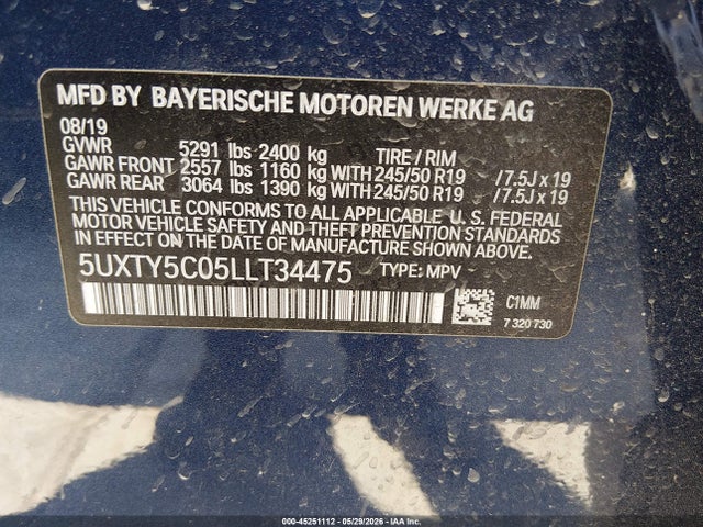 45251112 :رقم المزاد ، 5UXTY5C05LLT34475 vin ، 2020 Bmw X3 Xdrive30i مزاد بيع