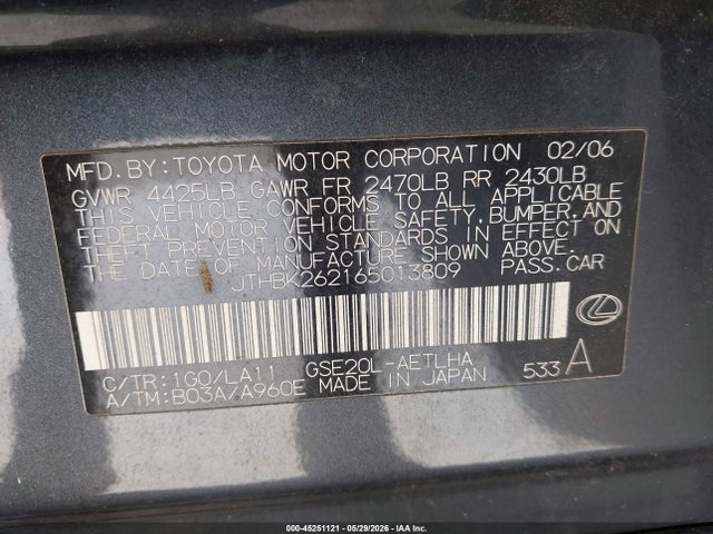 Продажа на аукционе авто 2006 Lexus Is 250, vin: JTHBK262165013809, номер лота: 45251121
