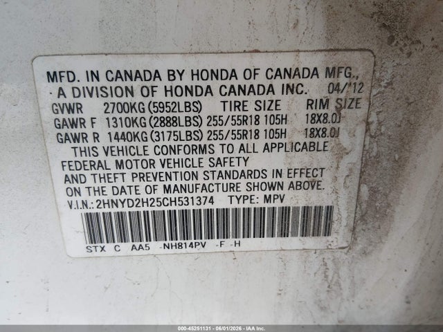 Aukcja sprzedaży 2012 Acura Mdx, vin: 2HNYD2H25CH531374, numer aukcji: 45251131