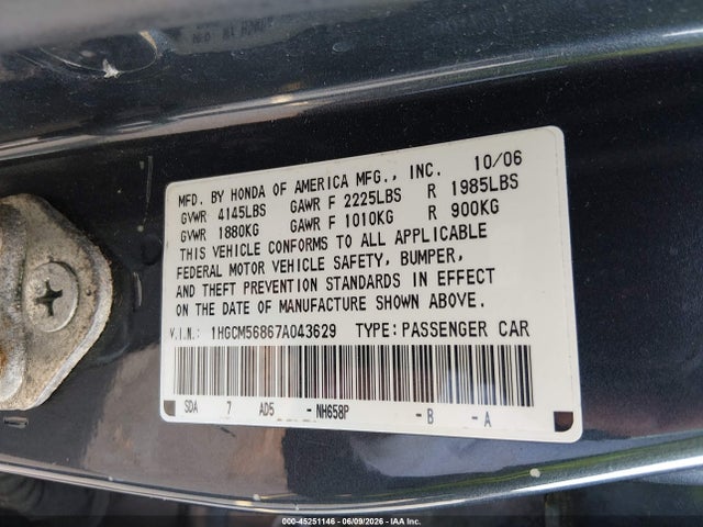 Aukcja sprzedaży 2007 Honda Accord 2.4 Ex, vin: 1HGCM56867A043629, numer aukcji: 45251146