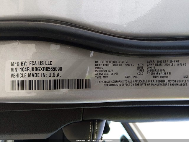Aukcja sprzedaży 2024 Jeep Grand Cherokee L Limited 4x4, vin: 1C4RJKBGXR8565090, numer aukcji: 45251147