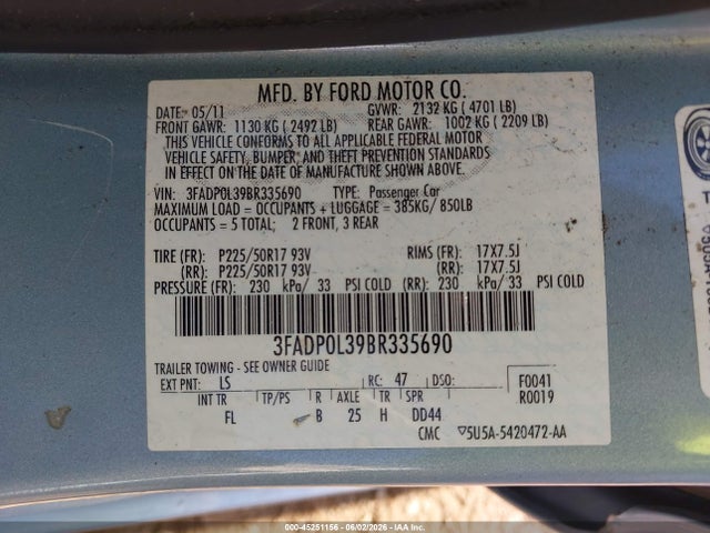 Aukcja sprzedaży 2011 Ford Fusion Hybrid, vin: 3FADP0L39BR335690, numer aukcji: 45251156