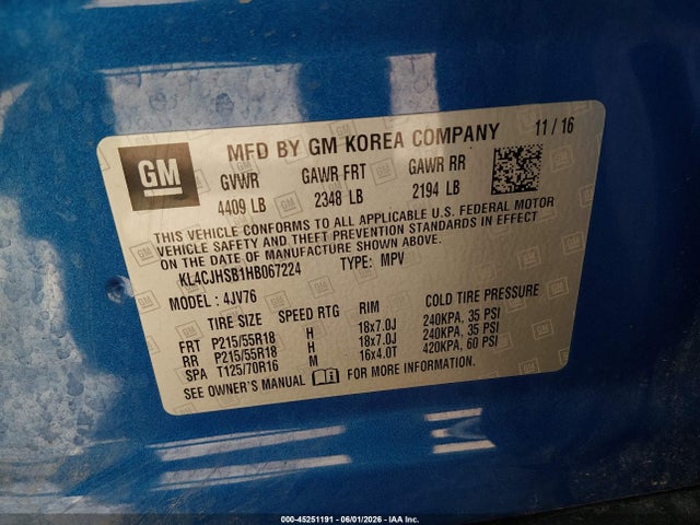 Aukcja sprzedaży 2017 Buick Encore Premium, vin: KL4CJHSB1HB067224, numer aukcji: 45251191