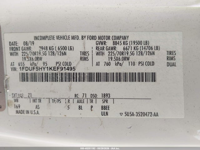 2019 Ford F-550 Chassis Xl მანქანა იყიდება აუქციონზე, vin: 1FDUF5HY1KEF91495, აუქციონის ნომერი: 45251192