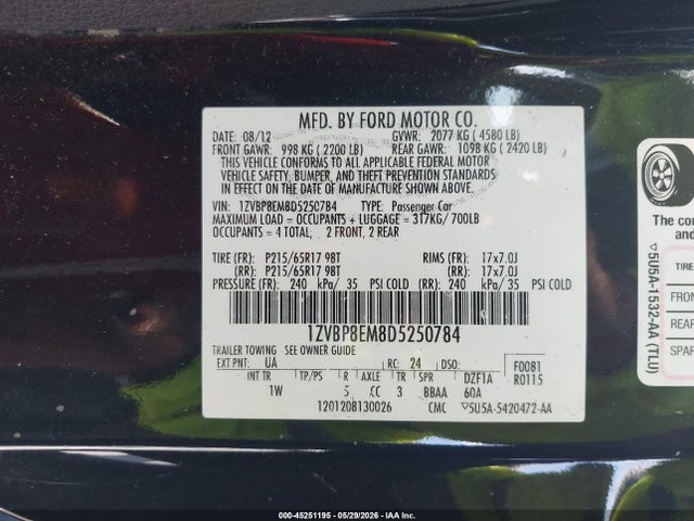 45251195 :رقم المزاد ، 1ZVBP8EM8D5250784 vin ، 2013 Ford Mustang V6 مزاد بيع