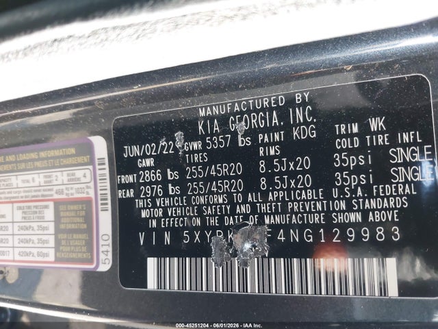 Aukcja sprzedaży 2022 Kia Sorento Sx, vin: 5XYRK4LF4NG129983, numer aukcji: 45251204