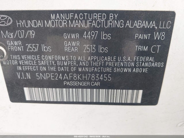 2019 Hyundai Sonata Se მანქანა იყიდება აუქციონზე, vin: 5NPE24AF8KH783455, აუქციონის ნომერი: 45251242
