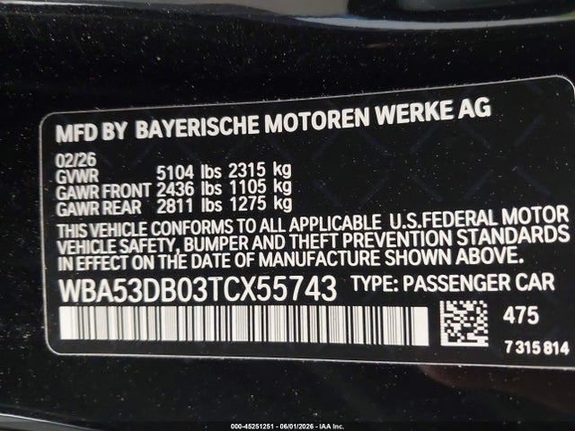 2026 Bmw 430i Xdrive მანქანა იყიდება აუქციონზე, vin: WBA53DB03TCX55743, აუქციონის ნომერი: 45251251