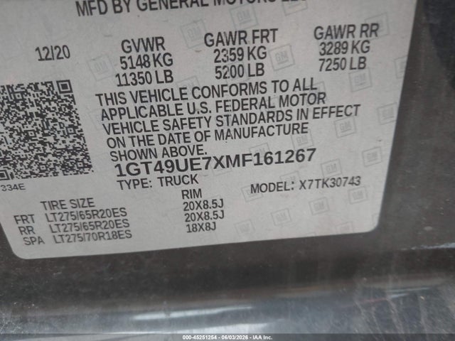 45251254 :رقم المزاد ، 1GT49UE7XMF161267 vin ، 2021 Gmc Sierra 3500hd 4wd  Standard Bed Slt مزاد بيع