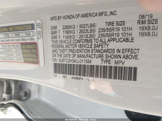 45251263 :رقم المزاد ، 5J8TC2H34LL011554 vin ، 2020 Acura Rdx Standard مزاد بيع