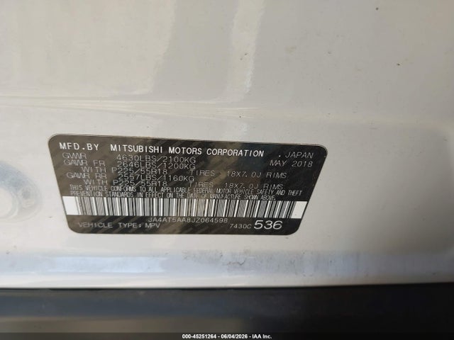 Auction sale of the 2018 Mitsubishi Eclipse Cross Se, vin: JA4AT5AA8JZ064598, lot number: 45251264